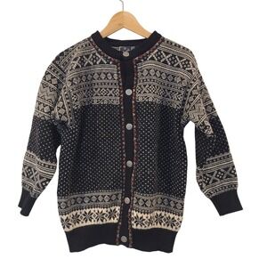 Vintage Dale of Norway Cardigan Sweater‎ Pure New Wool Black Nordic Fair Isle S